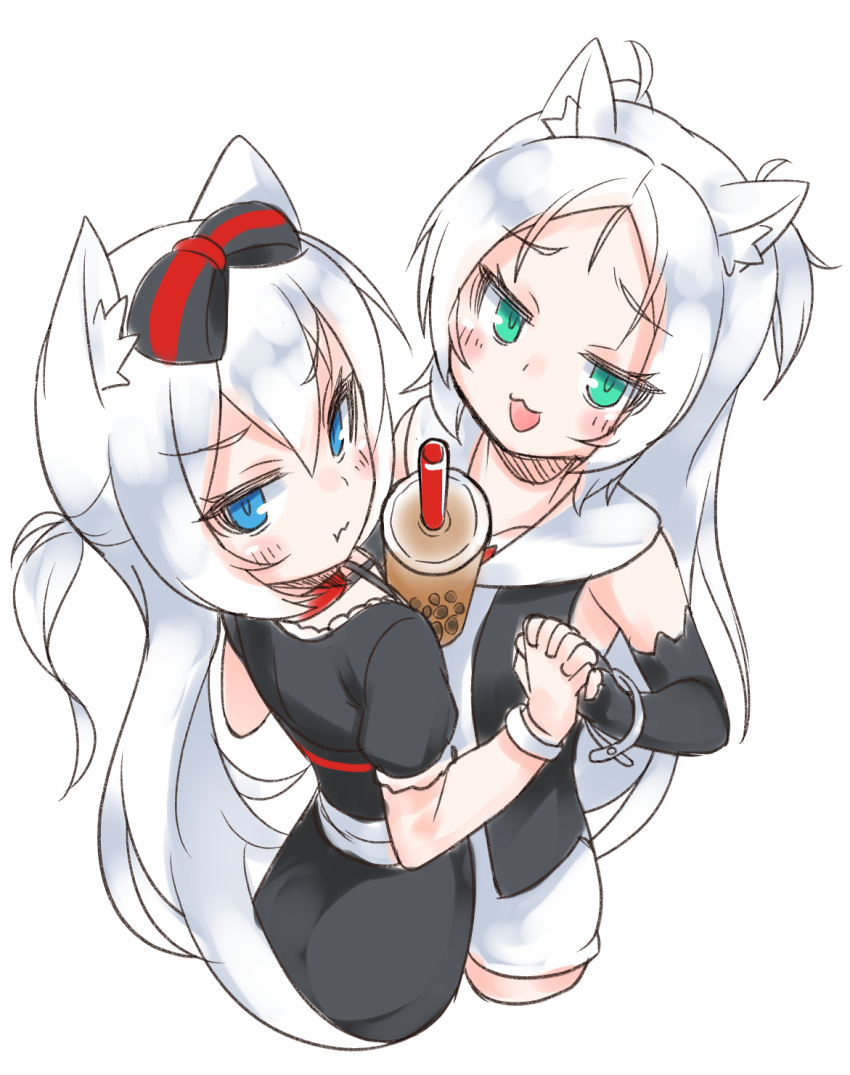 2girls :d :t animal_ear_fluff animal_ears azur_lane bangs black_bow black_dress black_gloves blue_eyes blush bow bubble_tea bubble_tea_challenge cat_ears closed_mouth commentary_request cowboy_shot cropped_legs cup disposable_cup dress drinking_straw elbow_gloves eyebrows_visible_through_hair fingerless_gloves gloves green_eyes hair_between_eyes hair_bow hammann_(azur_lane) highres holding_hands interlocked_fingers kirisame_mia long_hair looking_at_viewer looking_to_the_side multiple_girls one_side_up open_mouth pout puffy_short_sleeves puffy_sleeves short_sleeves simple_background sims_(azur_lane) smile striped striped_bow very_long_hair wavy_mouth white_background white_dress white_hair