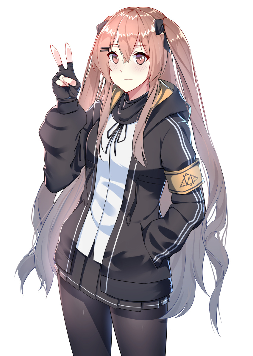 1girl absurdres arm_up black_jacket black_legwear black_skirt contrapposto dy_kai fingerless_gloves girls_frontline gloves hair_between_eyes hair_ornament hair_ribbon hairclip hand_in_pocket highres hood hooded_jacket jacket long_hair looking_at_viewer open_clothes open_jacket pantyhose pink_eyes pink_hair pleated_skirt ribbon shirt sidelocks simple_background skirt solo standing twintails ump9_(girls_frontline) v very_long_hair white_background white_shirt