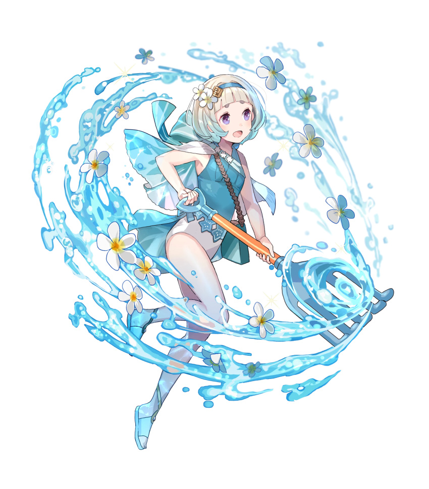 1girl bag bangs bare_arms bare_shoulders cape fire fire_emblem fire_emblem_heroes flat_chest flower full_body gradient gradient_hair hair_flower hair_ornament hairband highres holding leg_up light_blue_hair looking_away multicolored_hair official_art one-piece_swimsuit open_mouth rake sandals shiny shiny_hair short_hair silver_hair smile solo swimsuit thighs tobi_(kotetsu) transparent_background violet_eyes water water_drop ylgr_(fire_emblem_heroes)
