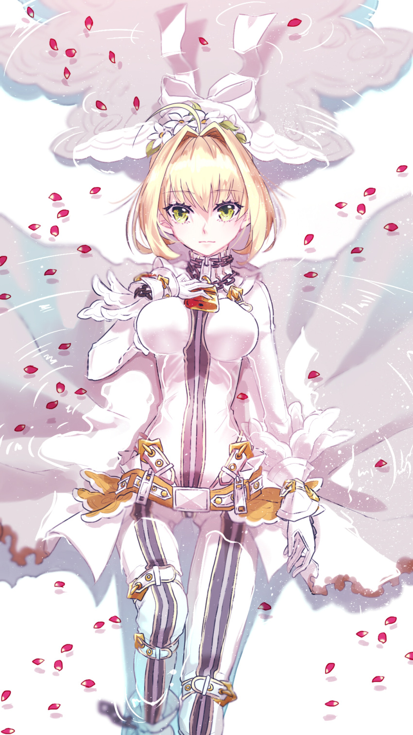 1girl ahoge blonde_hair bodysuit breasts breasts_apart chain closed_mouth eyebrows_visible_through_hair fate/extra fate/extra_ccc fate_(series) from_above gloves green_eyes hair_between_eyes hair_intakes highres looking_at_viewer lying medium_breasts nero_claudius_(bride)_(fate) nero_claudius_(fate)_(all) on_back petals ro96cu short_hair solo veil white_bodysuit white_gloves