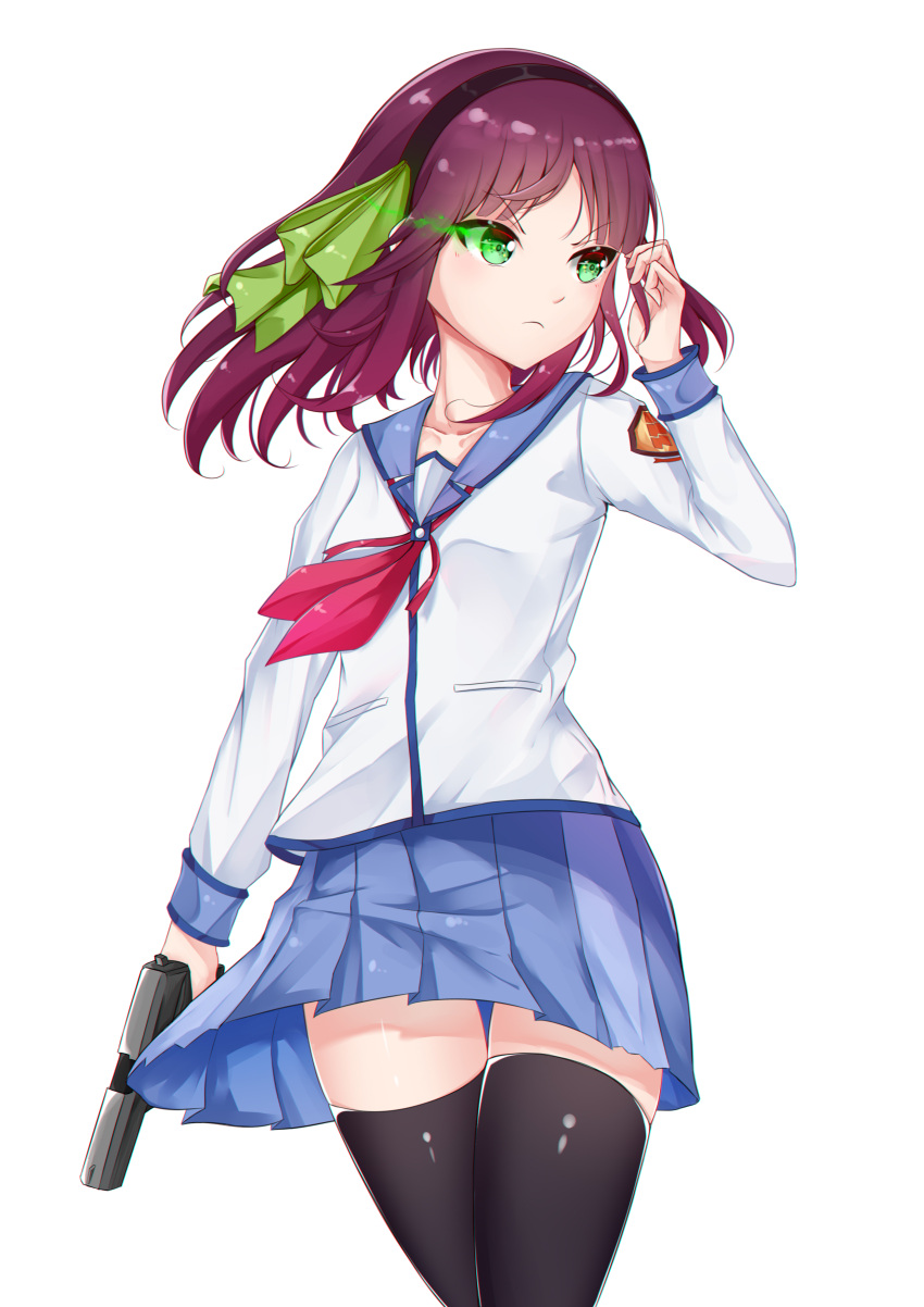 1girl absurdres angel_beats! blue_skirt bow commentary_request eyebrows_visible_through_hair green_bow green_eyes gun hairband highres holding holding_gun holding_weapon long_hair long_sleeves looking_to_the_side purple_hair school_uniform serafuku shirt simple_background skirt solo thigh-highs tming uniform v-shaped_eyebrows weapon white_background white_shirt yuri_(angel_beats!)