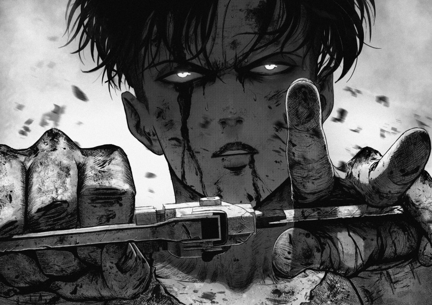 1boy black_hair bleeding blood blood_on_face highres holding holding_weapon looking_at_viewer male_focus manip parted_lips shingeki_no_kyojin simple_background solo upper_body weapon white_background