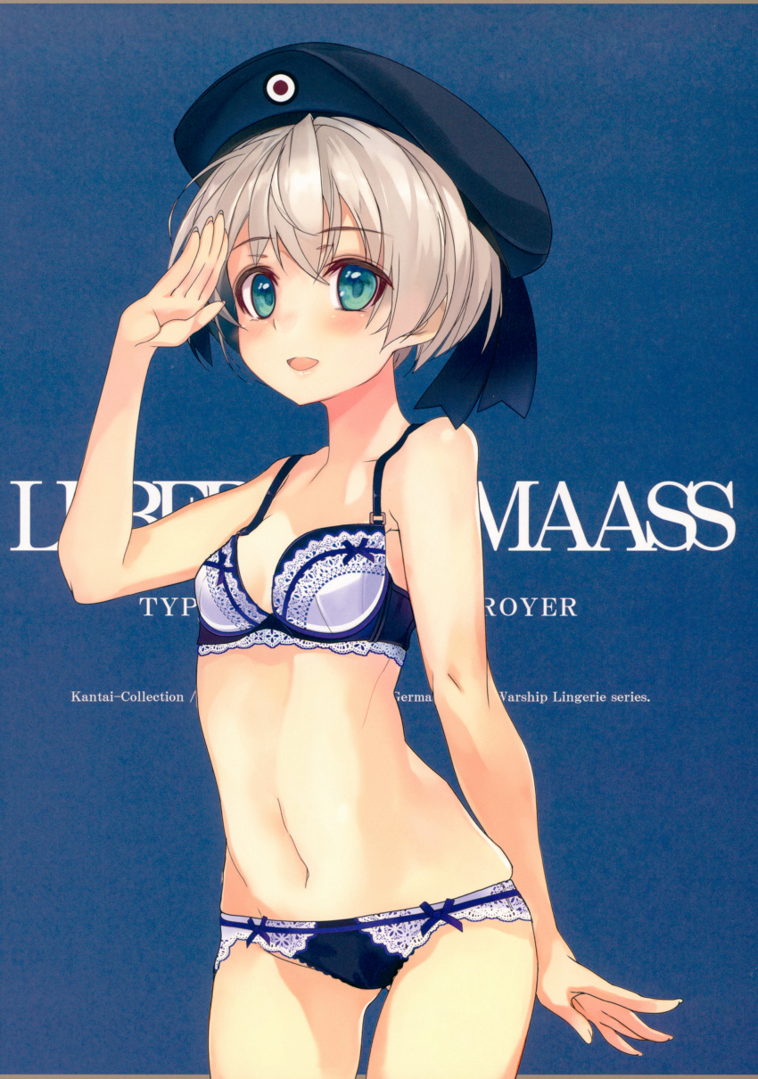 1girl absurdres bangs bare_arms bare_shoulders beret blue_background blue_eyes blush bra eyebrows_visible_through_hair fingernails hand_up hat highres huge_filesize kantai_collection lingerie looking_at_viewer navel open_mouth panties salute scan shiny shiny_hair shiny_skin shirokitsune short_hair silver_hair simple_background smile solo stomach underwear underwear_only z1_leberecht_maass_(kantai_collection)