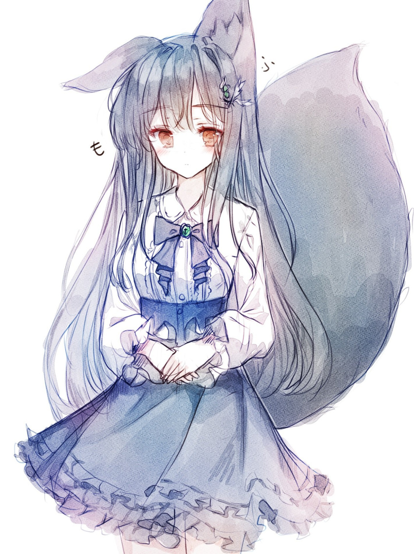 1girl animal_ear_fluff animal_ears bangs blue_bow blue_skirt blush bow breasts brown_eyes closed_mouth collared_shirt commentary_request dress_shirt eyebrows_visible_through_hair fox_ears fox_girl fox_tail frilled_skirt frills grey_hair hair_ornament highres long_hair long_sleeves looking_at_viewer original pleated_skirt shirt simple_background sketch skirt sleeves_past_wrists small_breasts solo tail tail_raised tandohark very_long_hair white_background white_shirt