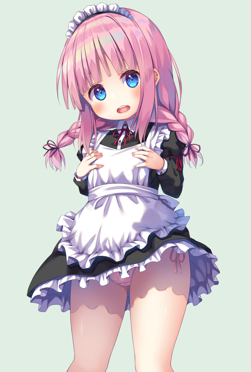 1girl :d absurdres apron arm_ribbon asa_no_ha bangs black_dress blue_eyes blunt_bangs blush braid buttons collared_dress commentary_request dress fingernails flat_chest frilled_apron frilled_skirt frills from_below hair_ornament hair_ribbon hair_tie highres long_hair long_sleeves looking_at_viewer maid maid_apron maid_headdress nail_polish neck_ribbon open_mouth original panties pantyshot pantyshot_(standing) pink_hair pink_nails pink_panties puffy_short_sleeves puffy_sleeves red_neckwear red_ribbon ribbon short_dress short_sleeves side-tie_panties simple_background skirt smile solo standing twin_braids underwear upskirt white_apron white_panties wing_collar