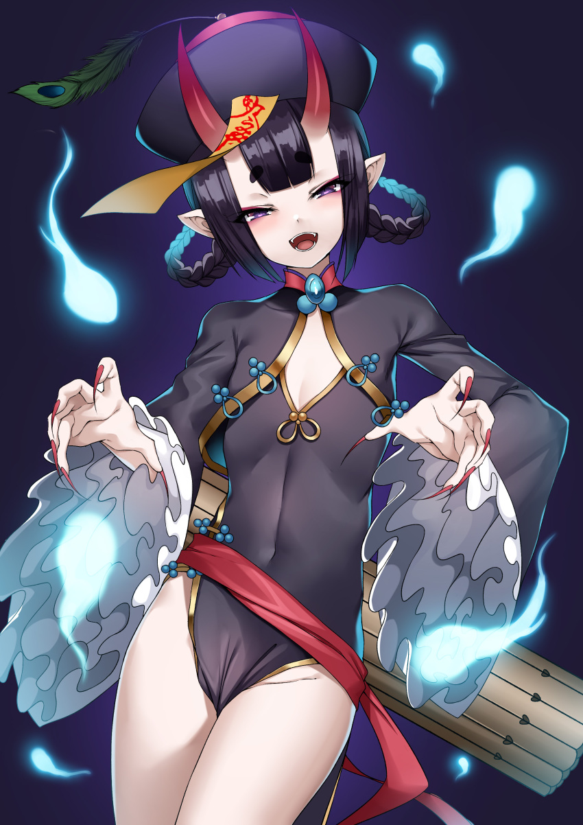 1girl absurdres bangs between_thighs black_dress blush bob_cut braid covered_navel cowboy_shot dress eyeshadow fangs fate/grand_order fate_(series) fingernails frilled_sleeves frills hair_rings half-closed_eyes hat head_tilt highres hitodama jiangshi long_fingernails long_hair long_sleeves looking_at_viewer makeup nekosama_shugyouchuu no_panties ofuda oni oni_horns open_mouth outstretched_arms peacock_feathers pointy_ears purple_hair red_nails sash short_dress short_eyebrows shrug_(clothing) shuten_douji_(fate/grand_order) solo thighs twin_braids violet_eyes wide_sleeves zombie_pose