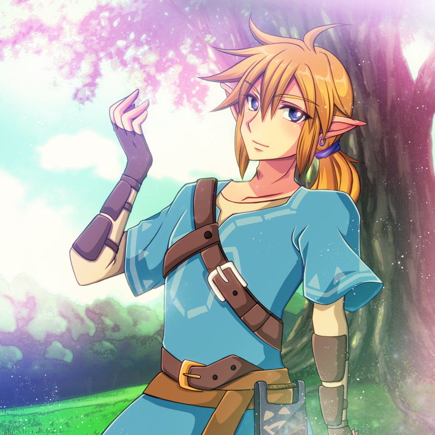 1boy absurdres belt blonde_hair blue_eyes blue_sky bracer clouds day earrings elf fingerless_gloves gloves grass highres huge_filesize hylian jewelry link long_hair looking_at_viewer male_focus nintendo nintendo_ead no_(yuki) outdoors pointy_ears ponytail sheikah_slate sky solo standing super_smash_bros. the_legend_of_zelda the_legend_of_zelda:_breath_of_the_wild tree tunic