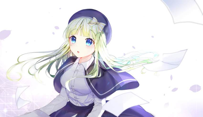 1girl :o absurdres beret black_capelet black_skirt blue_eyes blue_headwear blush bow breasts capelet character_request collared_shirt commentary dress_shirt floating_hair gradient gradient_background green_hair hair_bow hat highres long_hair looking_at_viewer maplestory medium_breasts miyo_(user_zdsp7735) paper parted_lips purple_background shirt skirt solo sparkle striped striped_bow symbol_commentary very_long_hair white_background white_bow white_shirt