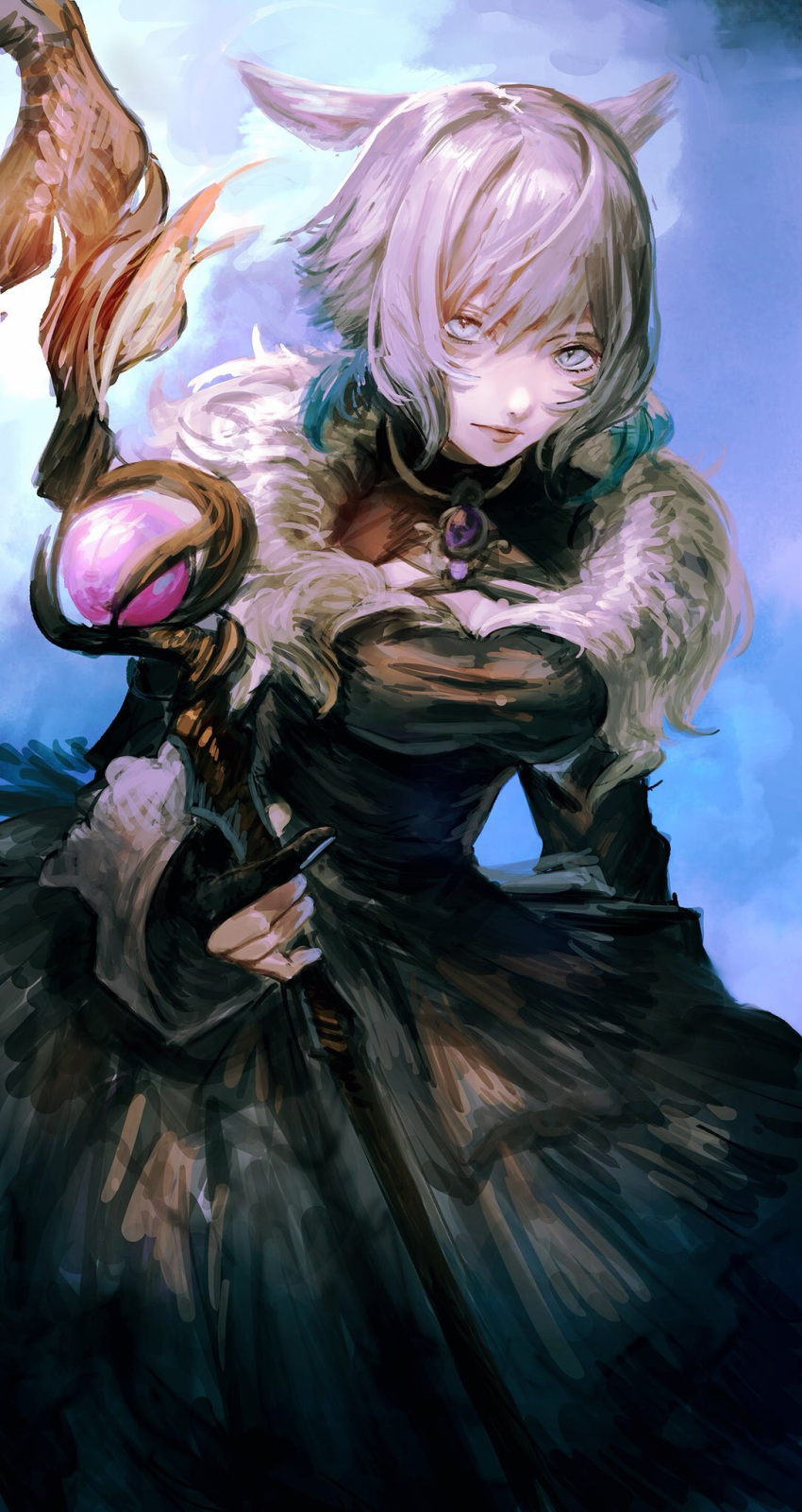 1girl animal_ears arm_at_side bangs black_dress black_mage blue_eyes cat_ears closed_mouth dress expressionless final_fantasy final_fantasy_xiv fur_collar gloves grey_hair hair_between_eyes hand_up highres holding holding_staff holding_weapon jewelry kuroge_(kewagyuu) lips long_dress long_sleeves looking_at_viewer miqo'te partly_fingerless_gloves pendant short_hair slit_pupils solo staff weapon y'shtola_rhul