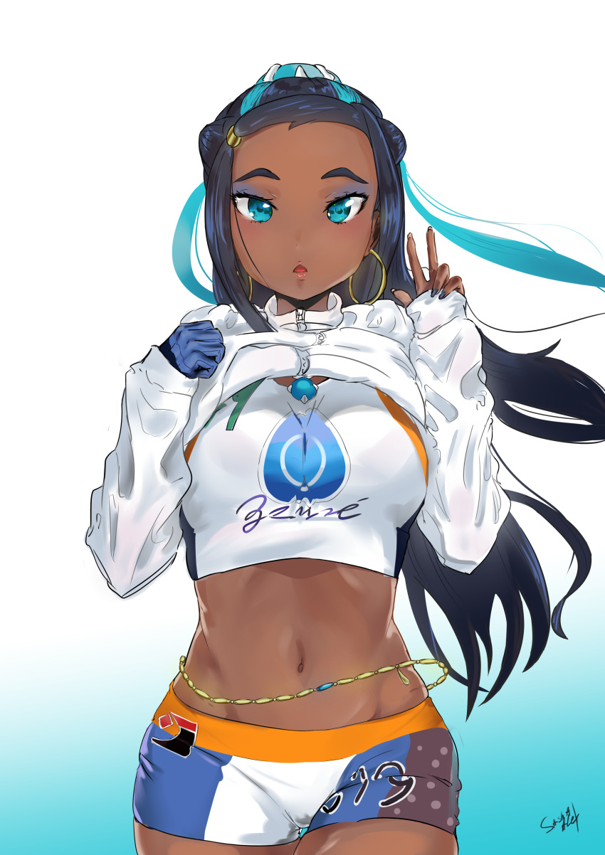 1girl absurdres artist_name belly_chain black_hair blue_eyes blue_hair breasts clothes_writing cowboy_shot dark_skin earrings gem gloves gradient gradient_background hair_ornament highres hoop_earrings jacket jacket_lift jewelry long_hair looking_at_viewer medium_breasts multicolored_hair navel necklace open_mouth pokemon pokemon_(game) pokemon_swsh rurina_(pokemon) sashaalex single_glove solo swimsuit tankini very_long_hair w white_jacket wind zipper zipper_pull_tab