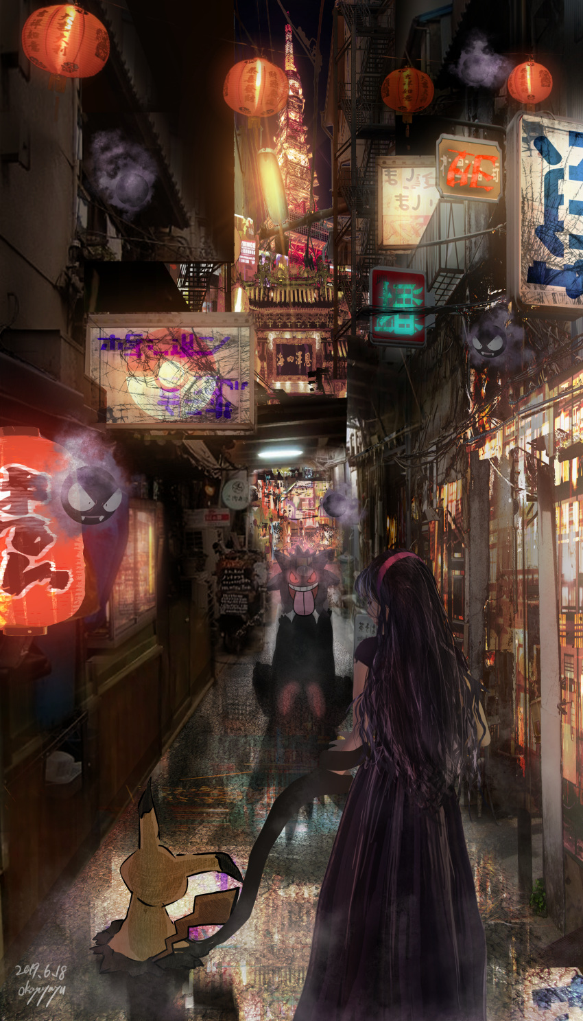 1girl absurdres architecture artist_name bare_arms black_hair city commentary_request dated dress east_asian_architecture evil_smile full_body gastly gen_1_pokemon gen_7_pokemon gengar ghost hairband hex_maniac_(pokemon) highres huge_filesize lantern light long_dress long_hair looking_at_another mimikyu night okayuyuyu open_mouth outdoors pokemon pokemon_(creature) pokemon_(game) scenery shadow short_sleeves smile standing tongue tongue_out tower