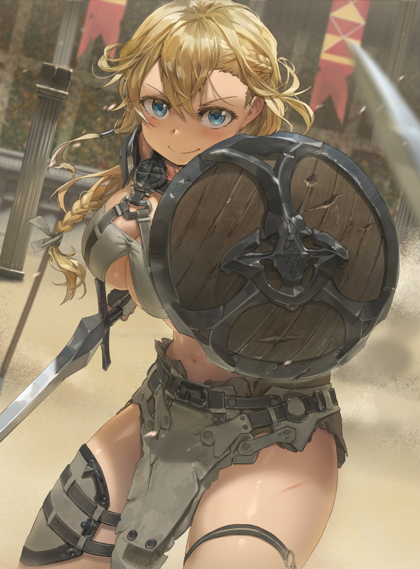 1girl abs absurdres armor bangs belt blonde_hair blue_eyes blush braid breasts closed_mouth colosseum cowboy_shot crop_top floating_hair french_braid gladiator hair_between_eyes highres holding holding_shield holding_sword holding_weapon injury large_breasts long_hair looking_at_viewer navel original outdoors shield sidelocks smile solo sword thigh_strap weapon yohan1754