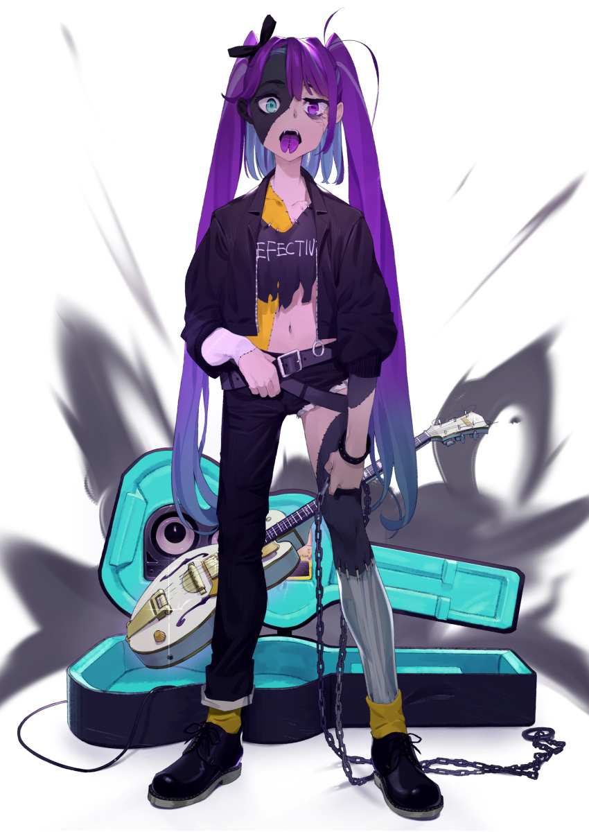 1girl absurdres belt belt_buckle black_footwear black_jacket blue_eyes bow bracelet buckle chain collarbone commentary english_text forked_tongue full_body guitar guitar_case hair_ribbon heterochromia highres holding holding_belt holding_chain instrument instrument_case jacket jewelry kamameshi_gougoumaru long_hair looking_at_viewer multicolored_hair navel open_mouth original pants purple_hair purple_tongue ribbon shirt shoelaces shoes simple_background solo standing stitches teeth tongue tongue_out torn_clothes torn_pants torn_shirt twintails very_long_hair violet_eyes white_background yellow_legwear zombie