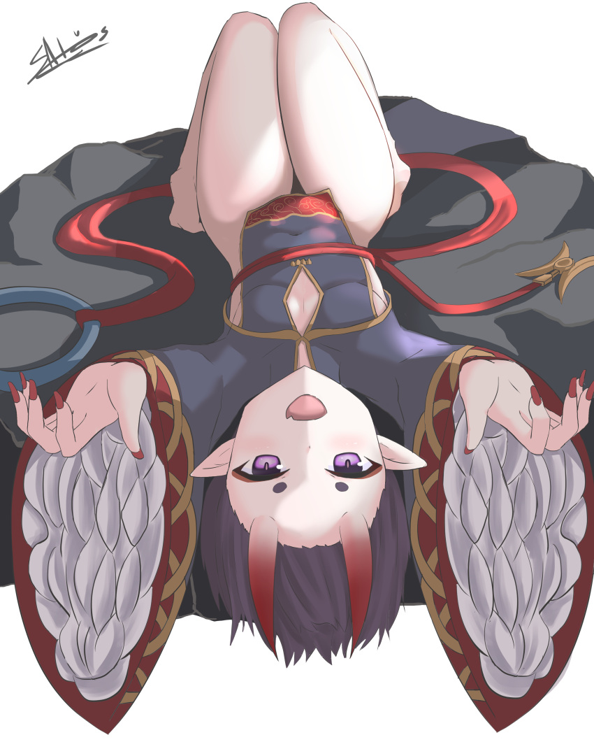 1girl :d absurdres blush breasts china_dress chinese_clothes commentary_request dress fang fate/grand_order fate_(series) fingernails highres horns ichikawayan knees_up long_fingernails long_sleeves looking_at_viewer lying on_back oni oni_horns open_mouth outstretched_arms pointy_ears purple_dress purple_hair red_nails short_eyebrows shuten_douji_(fate/grand_order) signature simple_background sleeves_past_wrists small_breasts smile solo thick_eyebrows violet_eyes white_background