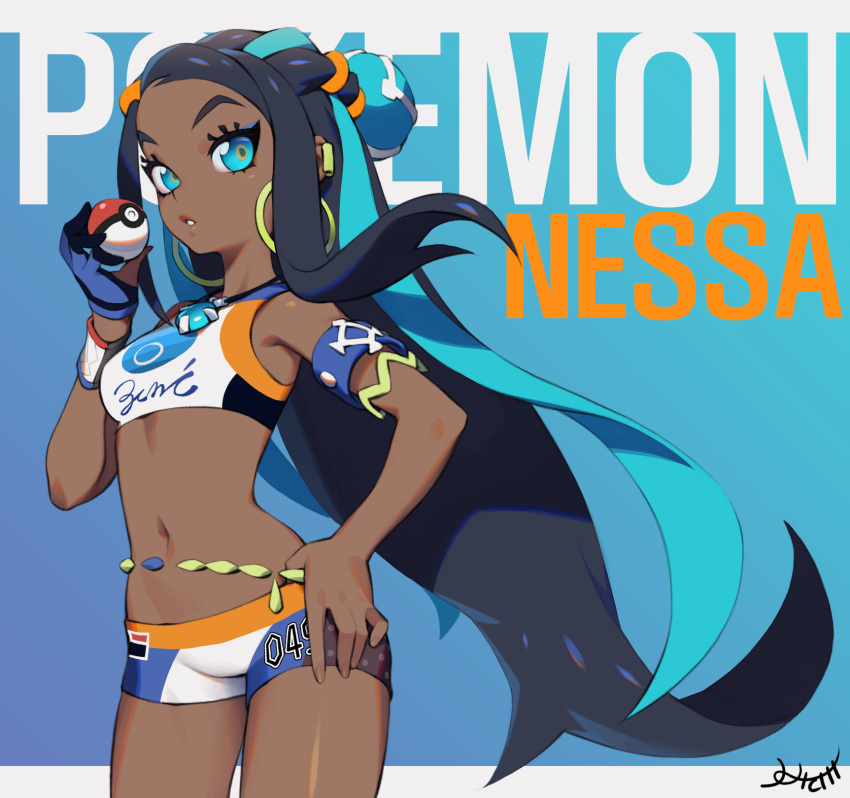 1girl armlet black_hair blue_eyes blue_gloves blue_hair braid breasts dark_skin earrings english_commentary french_braid gloves gym_leader hand_on_hip hichi highres holding holding_poke_ball hoop_earrings jewelry long_hair looking_at_viewer multicolored_hair navel necklace parted_lips poke_ball pokemon pokemon_(game) pokemon_swsh rurina_(pokemon) single_glove solo standing stud_earrings swimsuit tankini very_long_hair