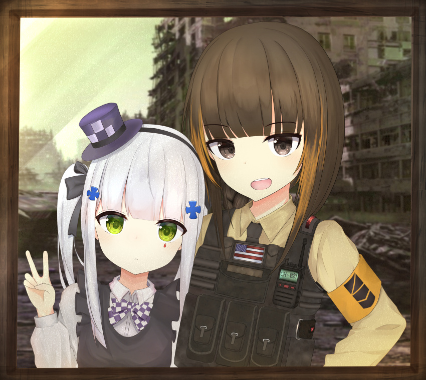 2girls absurdres american_flag armband artist_request brown_eyes brown_hair building bulletproof_vest eyebrows_visible_through_hair girls_frontline green_eyes hat highres hk416_(girls_frontline) loli m16a1_(girls_frontline) military_jacket multiple_girls no_eyepatch photo radio silver_hair tactical_clothes top_hat v younger