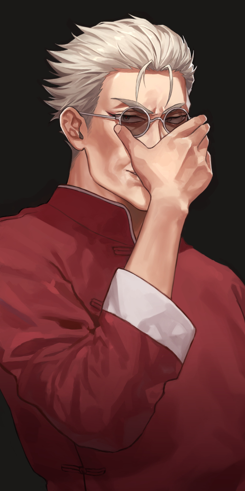 1boy absurdres adjusting_eyewear black_background character_request fate_(series) glasses grey_eyes grey_hair hand_up highres male_focus samuraisamurai simple_background smile solo upper_body