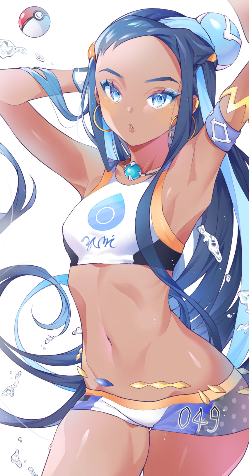 1girl armlet armpits arms_behind_head arms_up bare_shoulders black_hair blue_eyes blue_hair blush breasts chain cpqm dark_skin earrings eyeliner forehead gym_leader highres hoop_earrings jewelry long_hair looking_at_viewer makeup multicolored_hair navel necklace open_mouth poke_ball pokemon pokemon_(game) pokemon_swsh rurina_(pokemon) shorts simple_background small_breasts solo sports_bra thighs water white_background