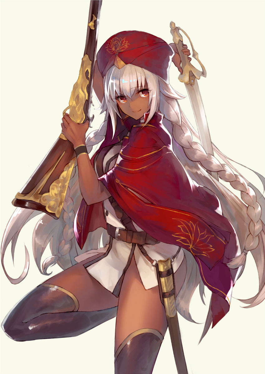 1girl arm_up bangs beige_background belt belt_buckle braid brown_belt brown_eyes brown_legwear buckle closed_mouth commentary_request dark_skin dress eyebrows_visible_through_hair fate/grand_order fate_(series) gun hair_between_eyes hand_up hat highres holding holding_gun holding_sword holding_weapon jazztaki lakshmibai_(fate/grand_order) long_hair looking_at_viewer red_headwear saber_(weapon) sheath silver_hair simple_background smile solo standing standing_on_one_leg sword thigh-highs twin_braids unsheathed very_long_hair weapon white_dress