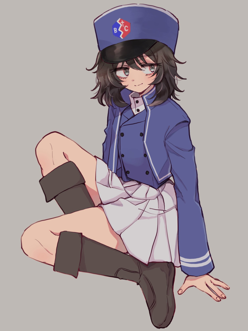 1girl andou_(girls_und_panzer) bc_freedom_(emblem) bc_freedom_military_uniform black_hair blue_jacket blue_vest blush boots brown_background brown_eyes dark_skin emblem emitasu-sensei eyebrows_visible_through_hair girls_und_panzer hat high_collar highres jacket long_sleeves looking_to_the_side medium_hair messy_hair pleated_skirt shako_cap simple_background sitting skirt smile solo thighs vest white_skirt