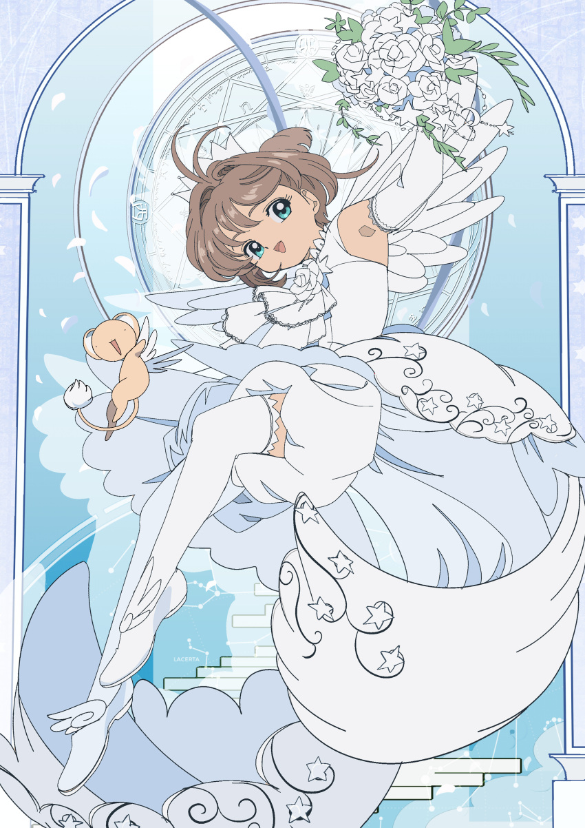 1girl absurdres antenna_hair armpits ascot bloomers bouquet brown_hair cardcaptor_sakura commentary constellation creature dress edoya_inuhachi elbow_gloves flower full_body gloves green_eyes highres holding holding_bouquet kero kinomoto_sakura magic_circle magical_girl open_mouth short_hair sleeveless sleeveless_dress smile thigh-highs underwear white_bloomers white_flower white_footwear white_gloves white_legwear white_theme white_wings wings