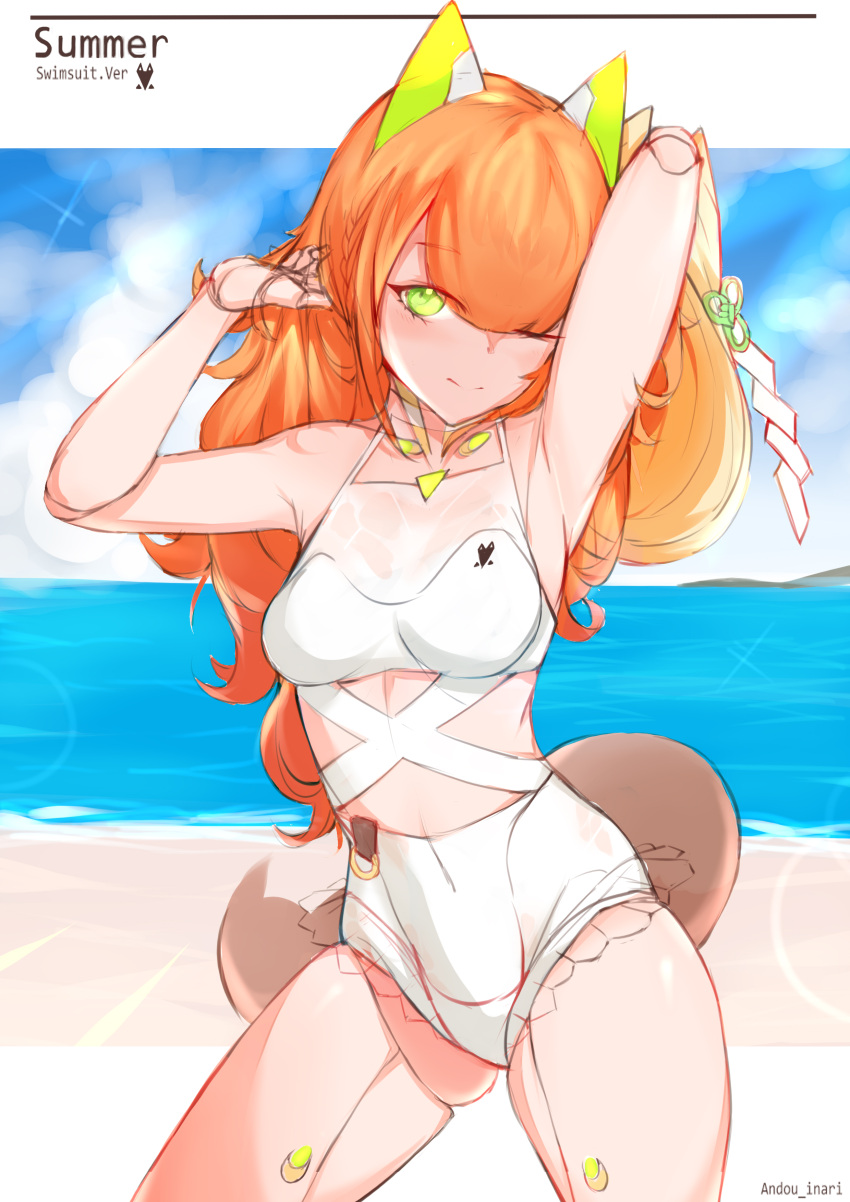 1girl absurdres android arms_up bare_arms bare_shoulders beach blue_sky blush braid casual_one-piece_swimsuit choumi_wuti_(xueye_fanmang_zhong) closed_mouth clouds cloudy_sky collarbone commentary_request copyright_request covered_navel day green_eyes groin headgear highres horizon long_hair ocean one-piece_swimsuit one_eye_closed orange_hair robot_joints sand sky solo swimsuit tail very_long_hair virtual_youtuber water white_swimsuit