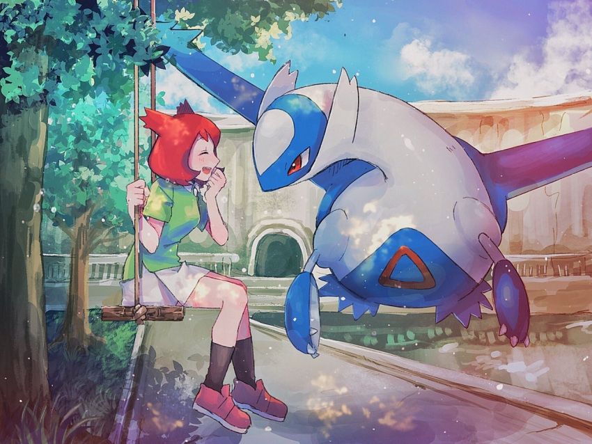 1girl :d black_legwear blue_sky closed_eyes clouds day from_side gen_3_pokemon green_shirt kanon_(pokemon) latios miniskirt mu_acrt open_mouth outdoors pleated_skirt pokemon pokemon_(anime) pokemon_(creature) pokemon_m05 red_eyes red_footwear redhead shirt short_hair short_sleeves sitting skirt sky smile white_skirt