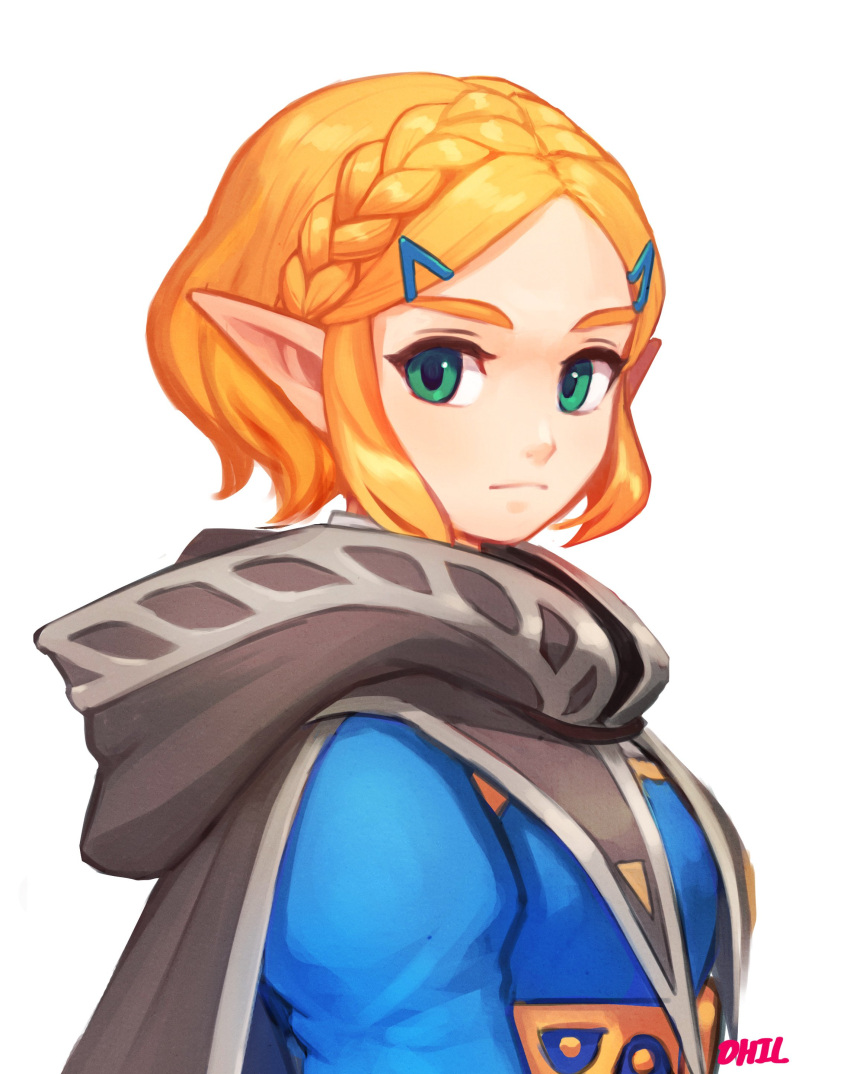 1girl absurdres bangs blonde_hair braid cape crown_braid hair_ornament hairclip highres looking_at_viewer ohil_(ohil822) parted_bangs pointy_ears princess_zelda short_hair simple_background smile solo the_legend_of_zelda the_legend_of_zelda:_breath_of_the_wild the_legend_of_zelda:_breath_of_the_wild_2 upper_body