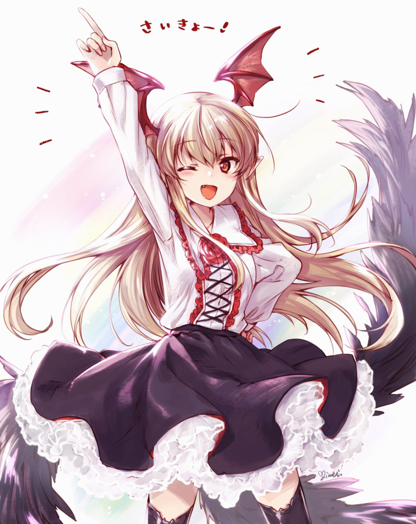 1girl ;d artist_name black_legwear black_skirt black_wings brown_hair collar collared_shirt commentary corsage eyebrows_visible_through_hair fang flower frilled_collar frills granblue_fantasy hand_on_hip head_wings highres kuroi_mimei long_sleeves looking_at_viewer medium_skirt notice_lines one_eye_closed open_mouth petticoat pointing pointing_up pointy_ears red_eyes red_flower red_rose rose shirt signature skirt smile solo standing thigh-highs translated vampire vampy white_shirt wings