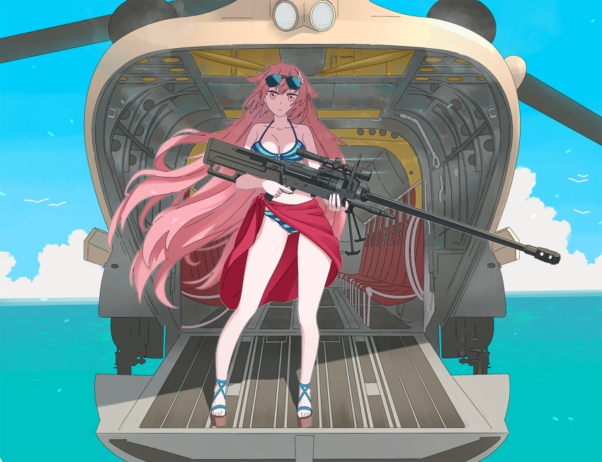 1girl aircraft anti-materiel_rifle bangs bikini blue_bikini blue_sky ch-47_chinook closed_mouth clouds cross-laced_footwear day eyewear_on_head flower full_body girls_frontline gun hair_flower hair_ornament helicopter holding holding_gun holding_weapon long_hair looking_at_viewer military military_vehicle ntw-20 ntw-20_(girls_frontline) ocean pink_eyes pink_hair rifle sandals sarong sky sniper_rifle solo standing striped striped_bikini sunglasses swimsuit tab_(tabkun) water weapon