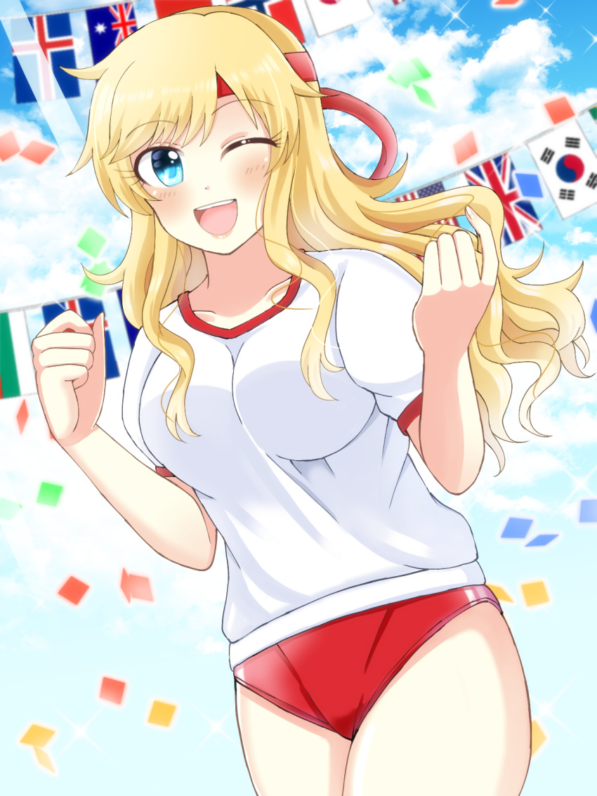 1girl australian_flag blonde_hair blush breasts clouds cloudy_sky commentary_request day easyfunkycrazy english_flag eyebrows_visible_through_hair flag hair_ornament hairband highres idolmaster idolmaster_cinderella_girls idolmaster_cinderella_girls_starlight_stage japanese_flag large_breasts long_hair looking_at_viewer nail_polish ootsuki_yui outdoors red_hairband red_shorts shirt shorts sky solo south_korean_flag sportswear upper_teeth white_shirt
