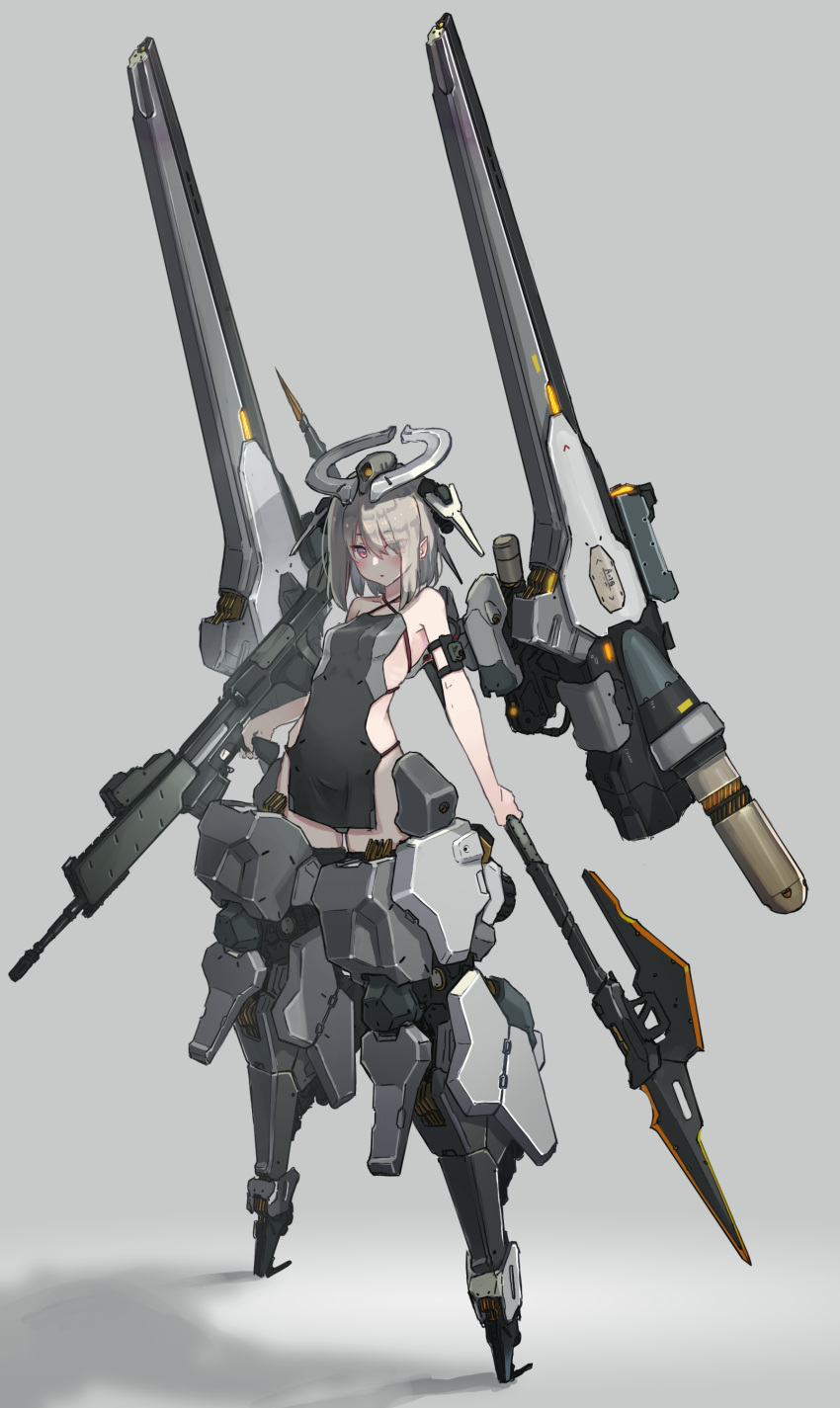 1girl absurdres assault_rifle bare_shoulders breasts cannon commentary_request eyebrows_visible_through_hair eyes_visible_through_hair full_body grey_background gun headgear highres looking_at_viewer mecha_musume mechanical_halo oota_youjo original pink_eyes pointy_ears polearm ribs rifle science_fiction shoulder_cannon small_breasts solo spear weapon white_hair