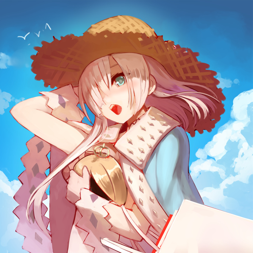 1girl alternate_hair_length alternate_hairstyle anastasia_(fate/grand_order) animal arm_up bag bangs bird blue_cloak blue_eyes blue_sky brown_headwear cloak clouds commentary_request crown day eyebrows_visible_through_hair fate/grand_order fate_(series) hair_over_one_eye hand_behind_head hat highres light_brown_hair long_hair mini_crown outdoors paper_bag shopping_bag silver_hair sky solo straw_hat sue_(bg-bros) tilted_headwear