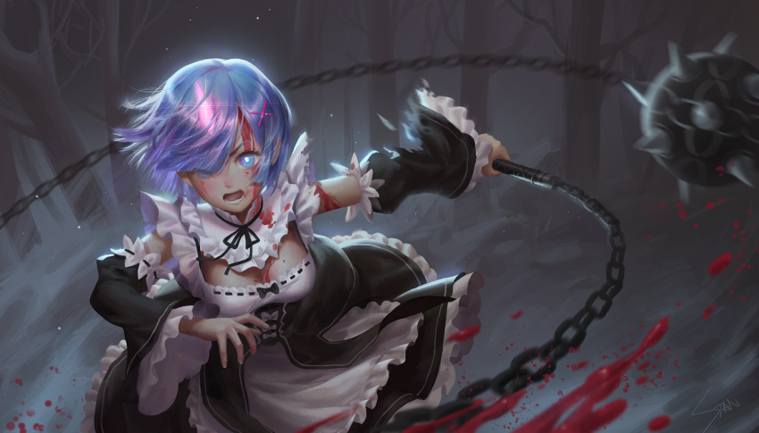 1girl ball_and_chain blood blue_eyes blue_hair breasts detached_sleeves fog forest frills grey_background hair_ornament hair_over_one_eye highres looking_at_viewer maid medium_breasts motion_blur nature oni_horns open_mouth outdoors re:zero_kara_hajimeru_isekai_seikatsu rem_(re:zero) ribbon seth short_hair solo standing x_hair_ornament