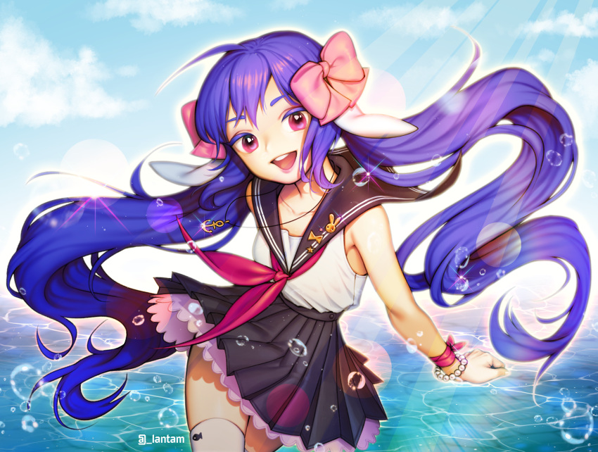 1girl absurdres anchor black_skirt blue_hair blue_sky bow bracelet clenched_hand droplets hair_bow highres huge_filesize jewelry lantam long_hair looking_at_viewer necklace open_mouth original outdoors pink_bow pink_eyes school_uniform serafuku skirt sky solo thigh-highs twintails twitter_username very_long_hair water white_legwear