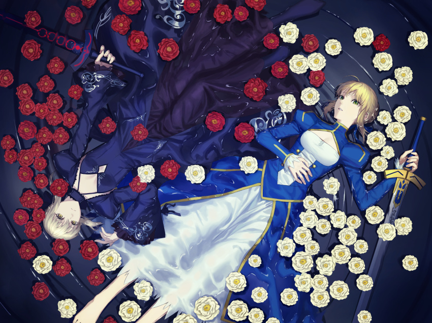 2girls ahoge artoria_pendragon_(all) barefoot blonde_hair dual_persona excalibur fate/stay_night fate_(series) flower from_above green_eyes hand_on_own_stomach highres lying lying_on_water multiple_girls on_back red_flower ripples saber saber_alter sword torn_clothes weapon white_flower yellow_eyes zonotaida