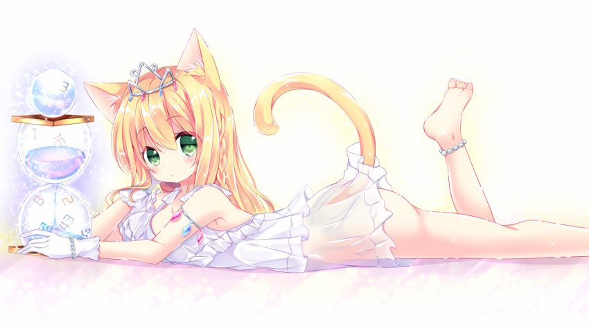 1girl animal_ear_fluff animal_ears ass bangs bare_shoulders barefoot blonde_hair blush braid breasts cat_ears cat_girl cat_tail closed_mouth commentary_request dress eyebrows_visible_through_hair feet_out_of_frame gloves green_eyes hair_between_eyes hourglass large_breasts leg_up long_hair looking_at_viewer lying no_panties on_stomach original pearl_anklet see-through shikito side_braid single_braid sleeveless sleeveless_dress soles solo tail tail_raised tiara white_dress white_gloves