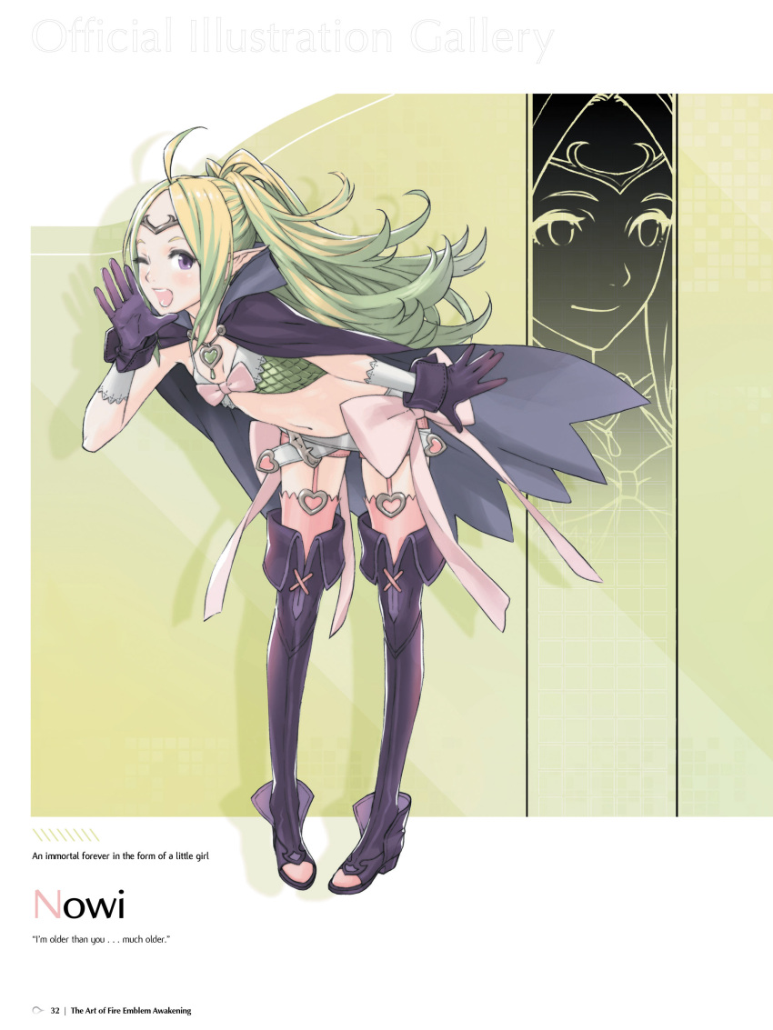 1girl absurdres ahoge bangs boots cape character_name fire_emblem fire_emblem:_kakusei flat_chest full_body garter_straps gloves green_hair highres kozaki_yuusuke leaning_forward long_hair mamkute midriff navel nowi_(fire_emblem) official_art one_eye_closed open_mouth page_number parted_bangs pigeon-toed pink_legwear ponytail purple_legwear short_shorts shorts simple_background smile solo standing thigh-highs thigh_boots violet_eyes