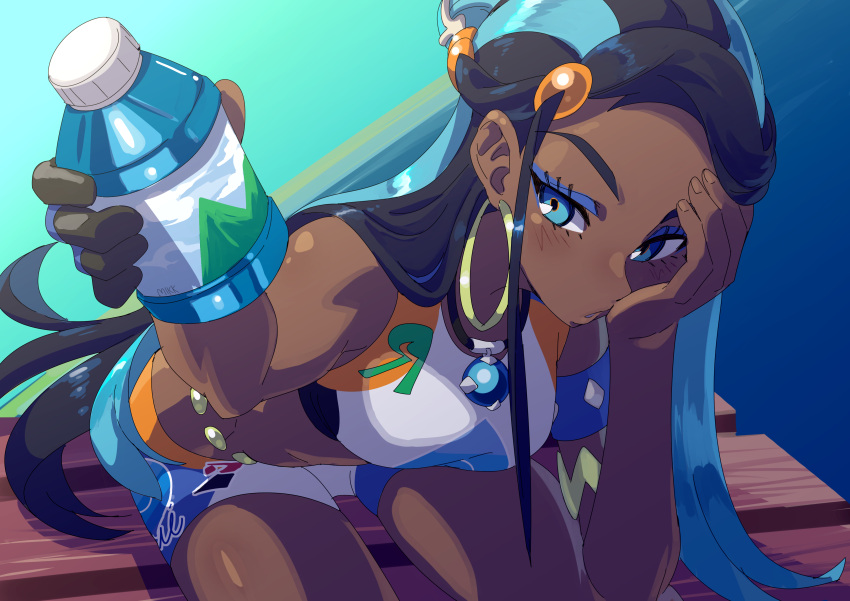 1girl absurdres armlet bare_shoulders beads bench bike_shorts black_hair blue_eyes blue_hair blush bottle breasts dark_skin earrings eyelashes gloves hair_ornament highres hoop_earrings ishmaiah_dado jewelry long_hair makeup mascara midriff multicolored_hair necklace pokemon pokemon_(game) pokemon_swsh reaching_out rurina_(pokemon) short_shorts shorts single_glove sitting solo sports_bra sportswear two-tone_hair water_bottle wristband