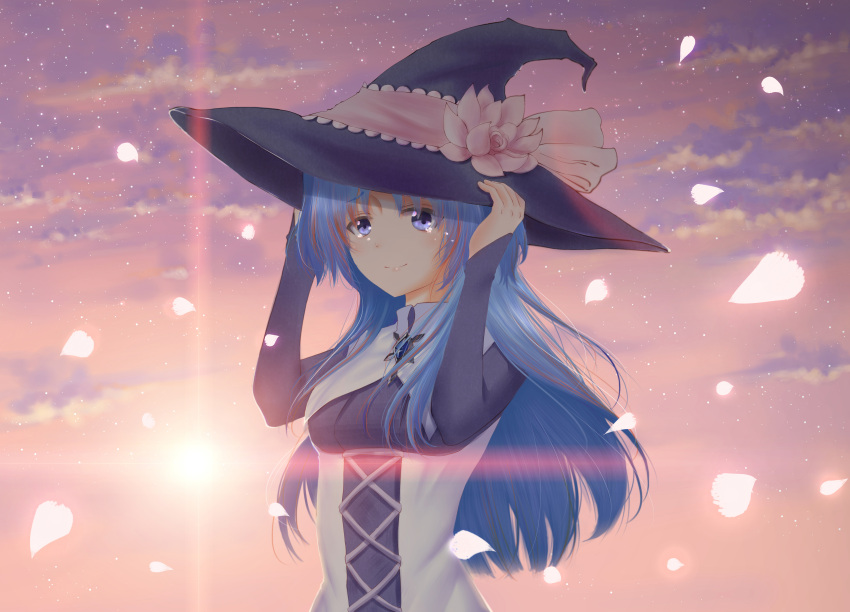 1girl absurdres black_headwear black_shirt blue_eyes blue_hair bow breasts chtholly_nota_seniorious clouds crying crying_with_eyes_open floating_hair flower hat hat_bow hat_flower highres long_hair long_sleeves medium_breasts mfork petals pink_bow pink_flower shirt shuumatsu_nani_shitemasu_ka? sky smile solo star_(sky) starry_sky sunset tears upper_body very_long_hair witch_hat