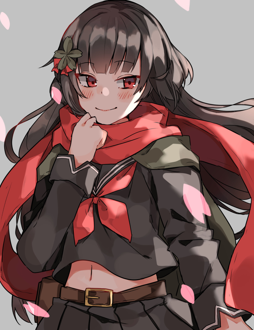 1girl aogisa bangs belt belt_buckle black_hair blunt_bangs blush breasts buckle coat eyebrows_visible_through_hair floating_clothes floating_hair flower girls_frontline green_coat grey_background hair_flower hair_flowing_over hair_ornament highres holding long_hair long_sleeves looking_at_viewer navel overcoat petals red_eyes red_ribbon red_scarf ribbon scarf school_uniform serafuku simple_background skirt smile solo stomach type_100_(girls_frontline) upper_body