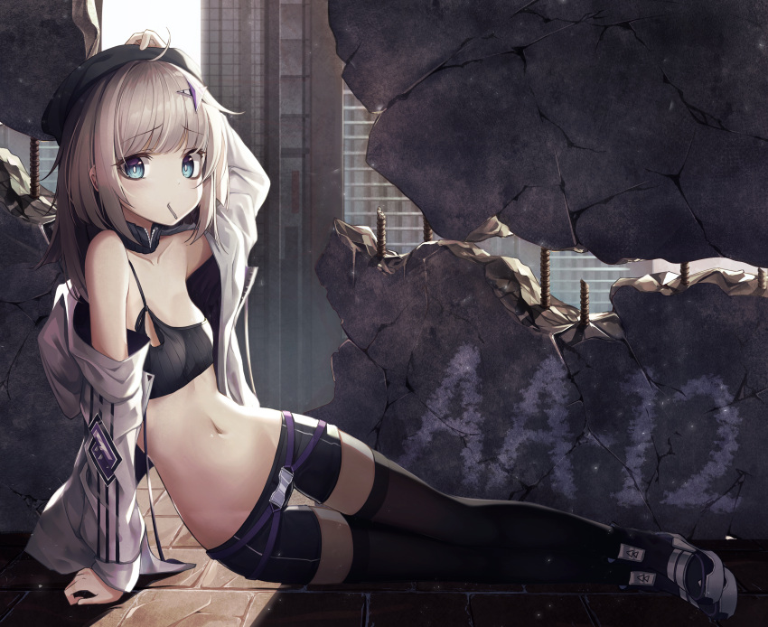 1girl aa-12_(girls_frontline) absurdres ahoge apple_ringo arm_support arm_up bags_under_eyes bare_shoulders belt beret black_headwear black_legwear black_shorts blue_eyes breasts building character_name collarbone crop_top day detached_collar girls_frontline hair_ornament hat highres huge_filesize jacket long_hair looking_at_viewer midriff mouth_hold navel off_shoulder open_clothes open_jacket outdoors shoes short_shorts shorts sidelocks silver_hair sitting small_breasts sneakers solo star star_hair_ornament stomach thigh-highs white_jacket