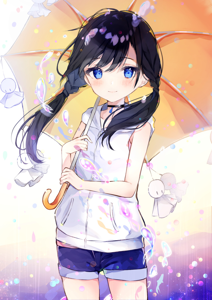 1girl absurdres amano_hina_(tenki_no_ko) bangs bare_arms bare_shoulders black_hair blue_eyes blue_shorts blush closed_mouth commentary_request eyebrows_visible_through_hair hair_between_eyes highres holding holding_umbrella hood hood_down hooded_jacket jacket kotamun long_hair short_shorts shorts sleeveless_jacket smile solo tenki_no_ko teruterubouzu twintails umbrella white_background white_jacket yellow_umbrella