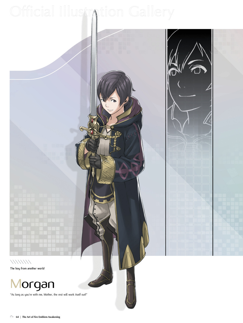 1boy absurdres bangs black_hair boots brown_footwear character_name cloak fire_emblem fire_emblem:_kakusei full_body gloves highres holding holding_sword holding_weapon hood hooded_cloak kozaki_yuusuke long_sleeves looking_at_viewer mark_(fire_emblem) mark_(male)_(fire_emblem) page_number pants short_hair simple_background solo standing sword weapon