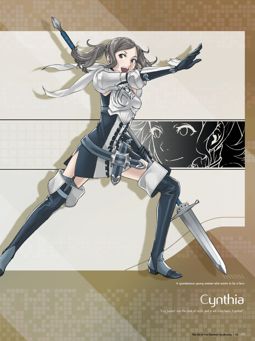 1girl absurdres armor bangs belt boots breastplate character_name cynthia_(fire_emblem) dress fire_emblem fire_emblem:_kakusei frilled_dress frills garter_straps grey_hair highres kozaki_yuusuke long_hair official_art open_mouth page_number shiny shiny_hair short_dress shoulder_armor smile solo thigh-highs thigh_boots tied_hair twintails zettai_ryouiki