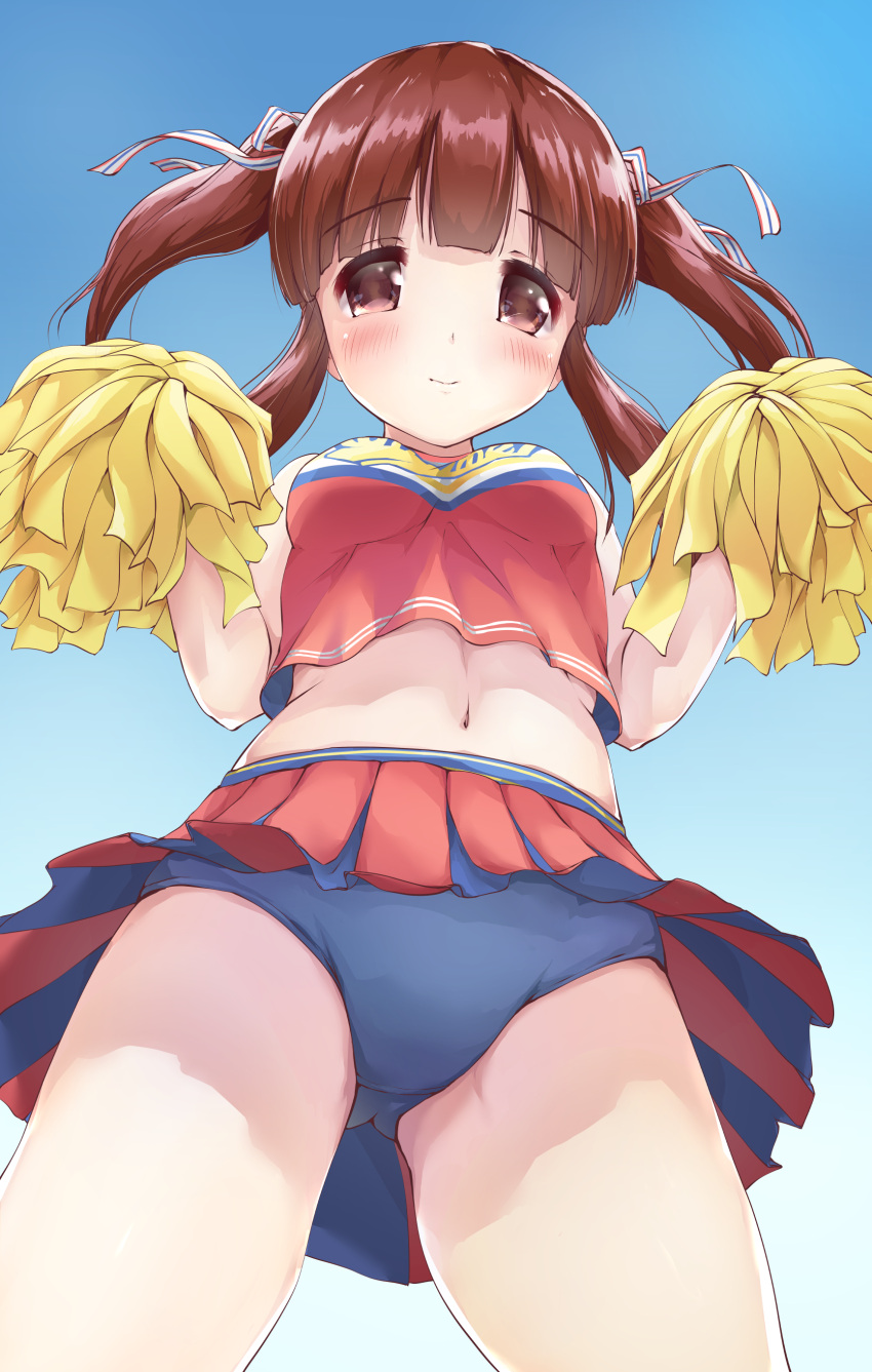 1girl absurdres ass_visible_through_thighs bangs bare_shoulders blue_background blue_buruma blush breasts brown_eyes brown_hair buruma cheerleader closed_mouth commentary_request crop_top eyebrows_visible_through_hair from_below gradient gradient_background hair_ribbon highres holding idolmaster idolmaster_cinderella_girls kuroba_aki looking_at_viewer looking_down medium_breasts midriff navel ogata_chieri pleated_skirt pom_poms red_shirt red_skirt ribbon shirt skirt sleeveless sleeveless_shirt smile solo striped striped_ribbon twintails upskirt white_ribbon