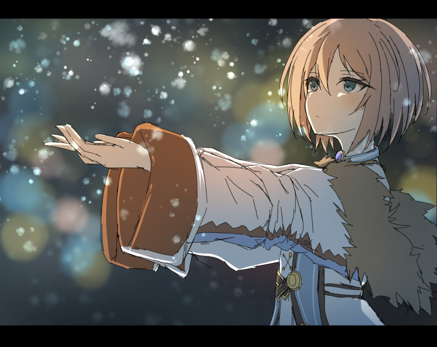 1girl blanc_(neptune_series) blue_eyes blush brown_hair closed_mouth commentary_request dress expressionless fur_trim hair_between_eyes jacket looking_ahead neptune_(series) no_hat no_headwear outdoors outstretched_arms ray_726 short_hair snowing solo upper_body white_dress white_jacket