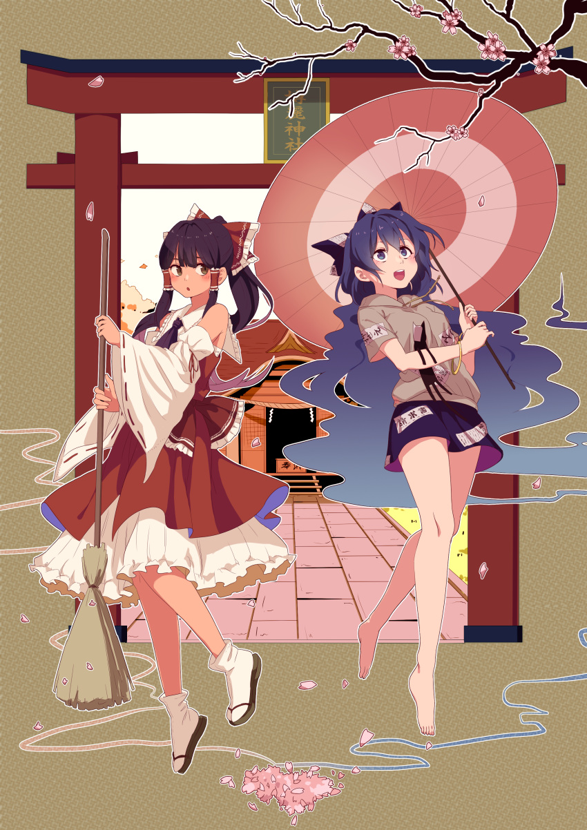 2girls :d absurdres ascot bangle bangs bare_legs bare_shoulders barefoot black_footwear black_hair blue_bow blue_eyes blue_hair blue_neckwear blue_skirt blush bow bracelet branch breasts broom brown_background brown_eyes building cherry_blossoms debt detached_sleeves drawstring frilled_bow frilled_shirt_collar frills full_body grey_hoodie hair_bow hair_tubes hakurei_reimu highres holding holding_broom holding_stuffed_animal holding_umbrella hood hoodie jewelry long_hair long_sleeves looking_at_another looking_up miniskirt multiple_girls open_mouth oriental_umbrella outline parted_lips petals petticoat ponytail red_bow red_skirt red_umbrella ribbon-trimmed_sleeves ribbon_trim sandals sarashi shide short_sleeves sidelocks skirt skirt_set small_breasts smile socks stuffed_animal stuffed_cat stuffed_toy thighs torii touhou translation_request tuck umbrella very_long_hair white_legwear white_outline wide_sleeves yorigami_shion