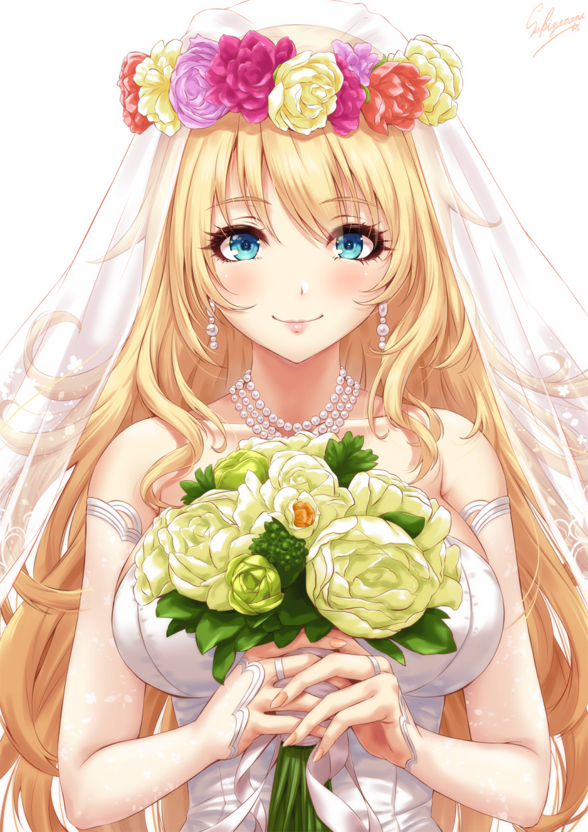 1girl artist_name atago_(kantai_collection) blonde_hair blue_eyes blush bouquet breasts bridal_gauntlets bride closed_mouth collarbone dress earrings fingernails flower hair_flower hair_ornament highres holding holding_bouquet jewelry kantai_collection large_breasts long_hair looking_at_viewer necklace pearl_necklace sakiyamama simple_background smile solo strapless strapless_dress upper_body very_long_hair wedding_dress white_background white_dress