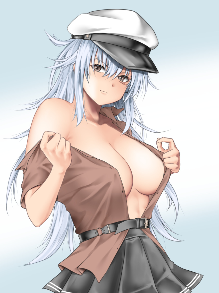 belt black_belt blush breasts brown_eyes eyebrows_visible_through_hair gangut_(kancolle) gradient gradient_background hair_between_eyes hair_ornament hat highres kantai_collection large_breasts long_hair military military_hat military_uniform naval_uniform no_bra open_clothes open_shirt peaked_cap proto_messiah red_shirt scar scar_on_cheek scar_on_face shirt short_sleeves silver_hair skirt smile two-tone_background uniform